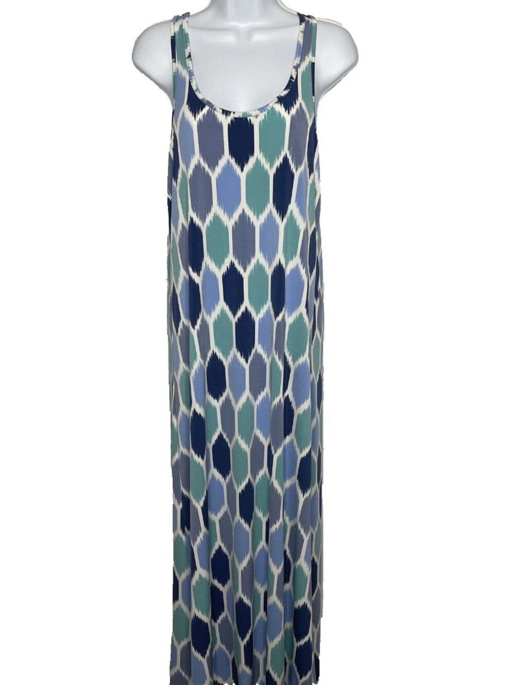 Tori Richard Maxi Tank Dress Size L Blue Lagoon Diamond Print Beach Resortwear